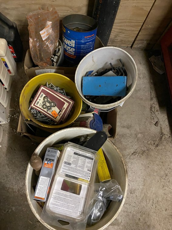 Several buckets of hardware and misc. items