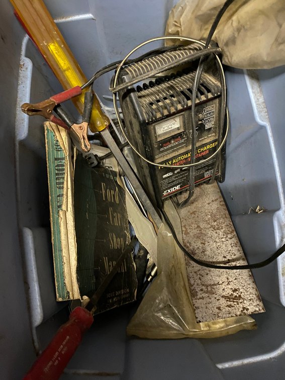Totes w/ some long screwdrivers, battery charger, zip ties and misc. items