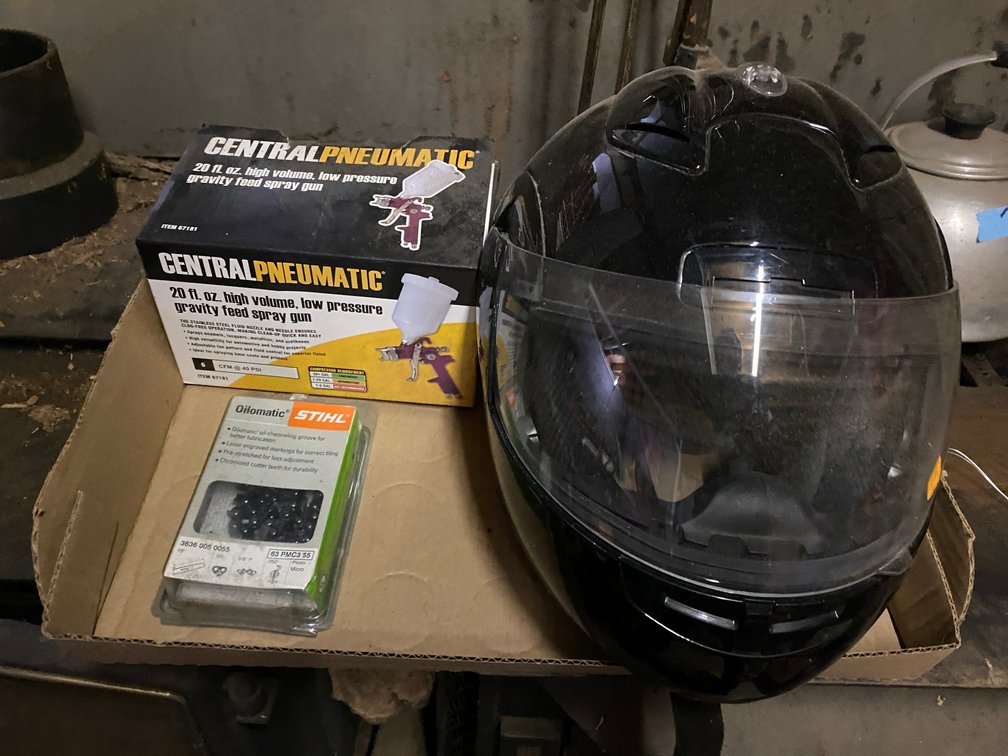 Motorcycle helmet, new air sprayer and new chainsaw blade