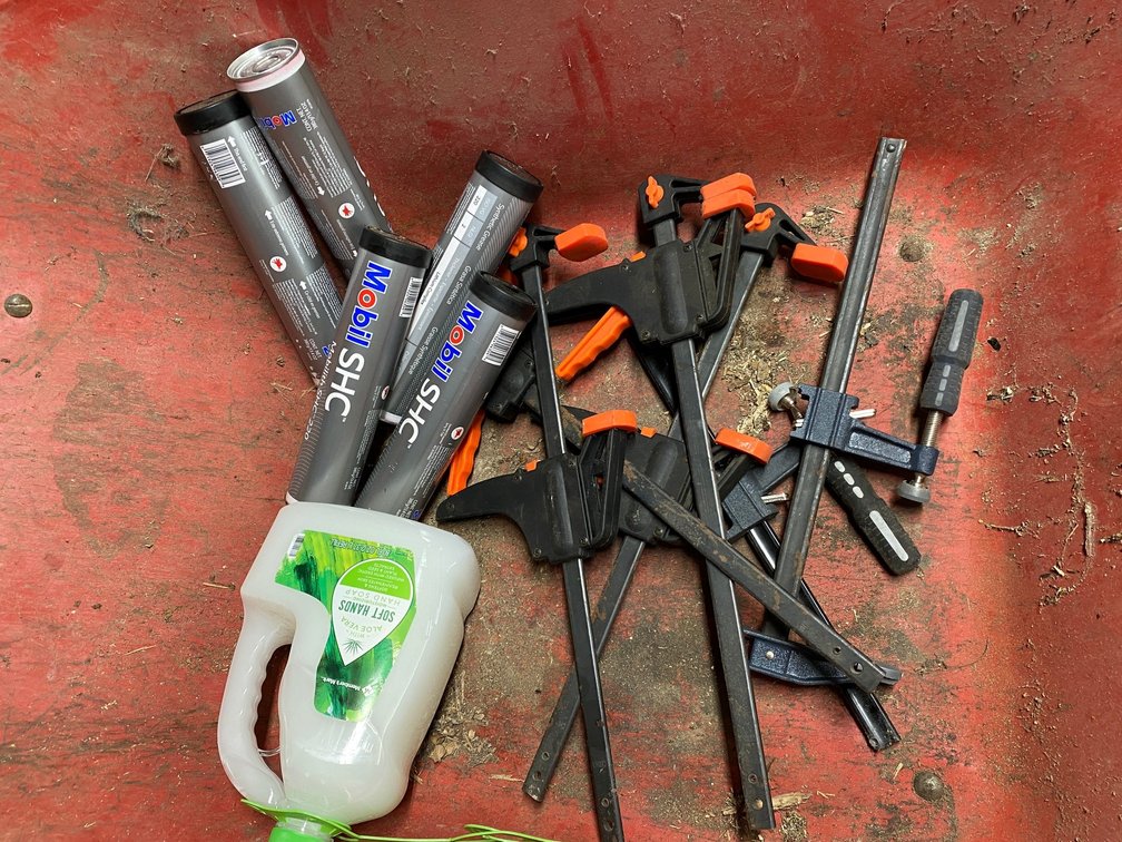 Clamps, tubes of grease and soap