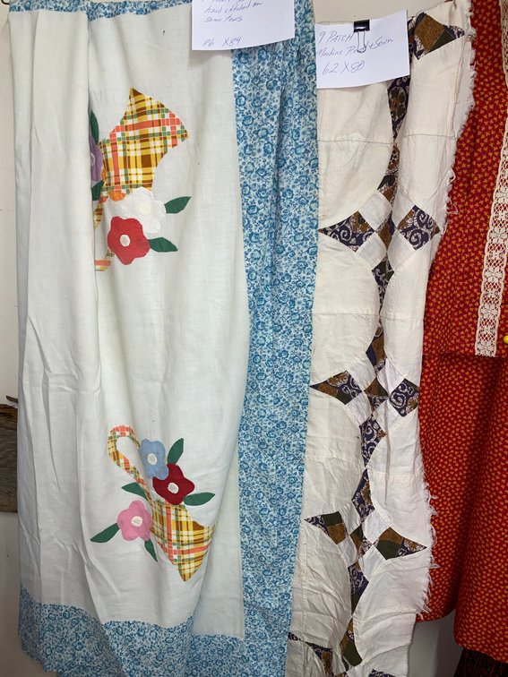 9 Patch machine sewn and flower basket hand sewn on handstitched quilt top