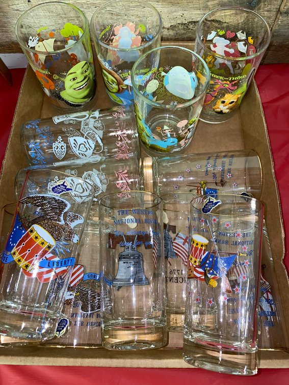 Collectible glasses w/ Shrek and WV National Bank Celebration glasses made by WV Glass