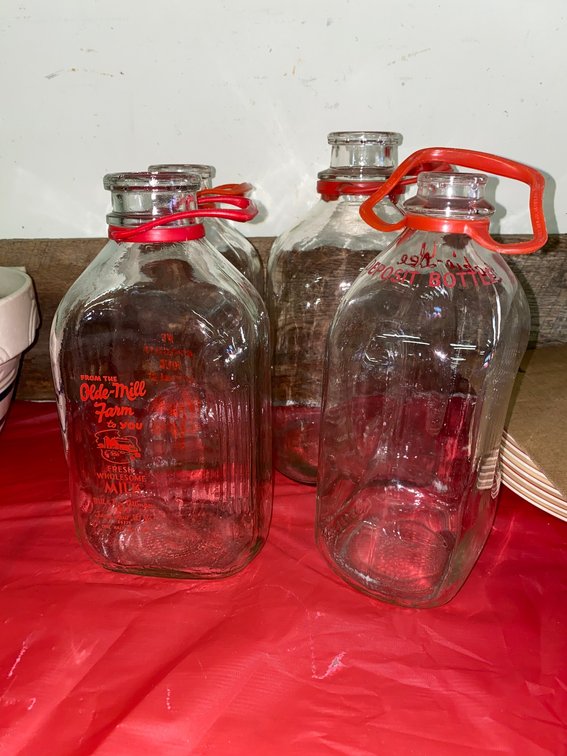 Half-gallon and 1-gallon milk jugs; Old Mill Farm from Jane Lew WV