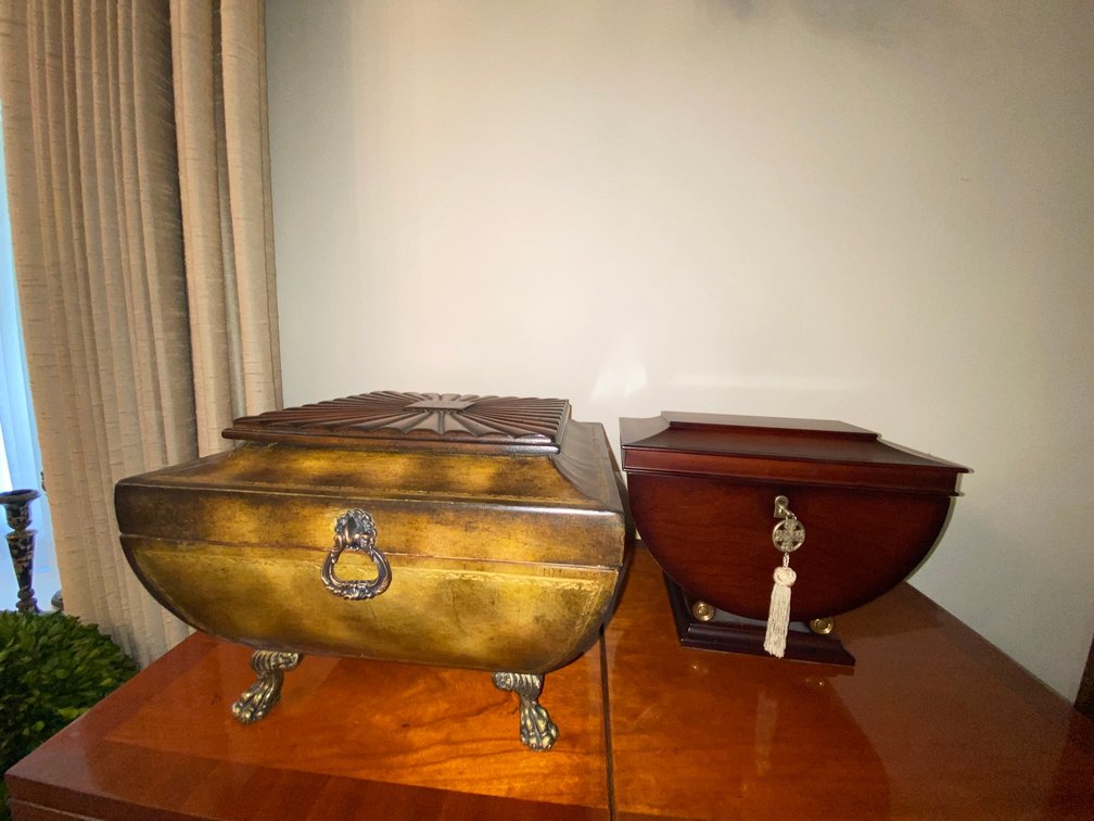 Lift-top box with brass feet and contemporary jewelry box with key