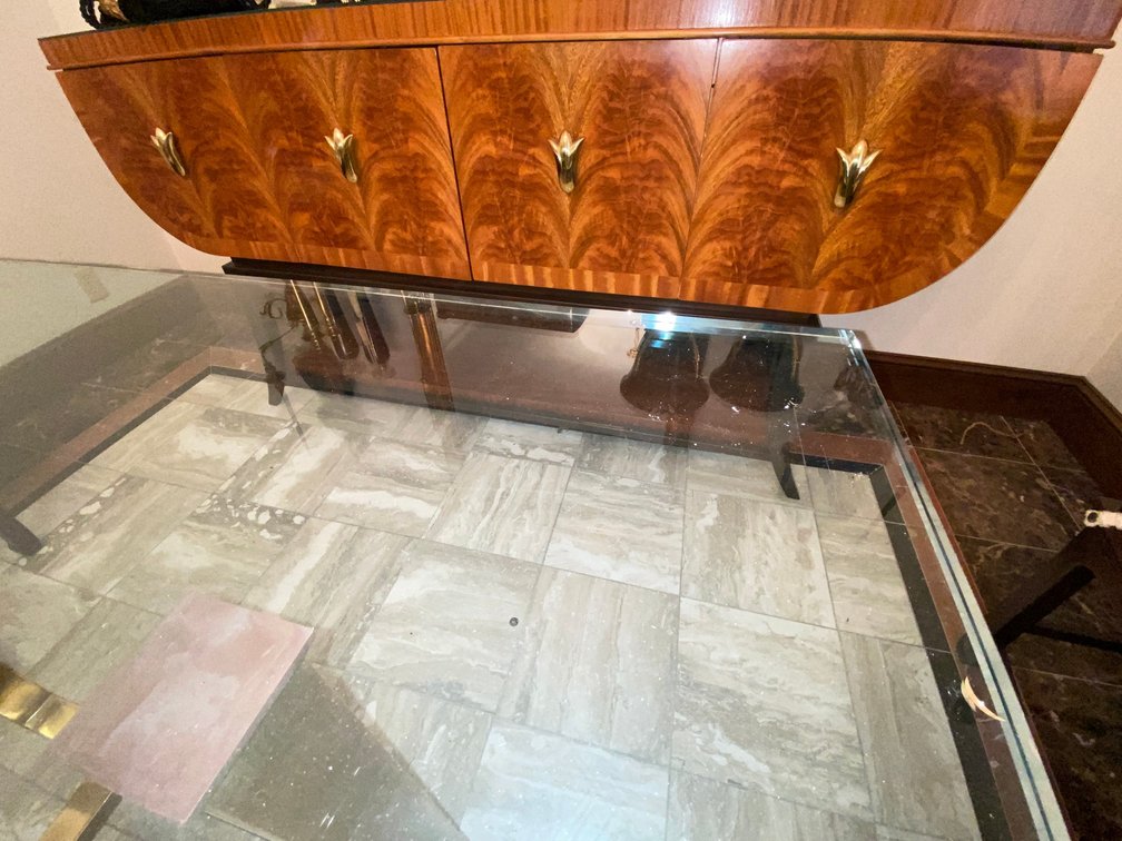 Henredon art deco style burl wood sideboard with cabinet (3 doors over shelf)