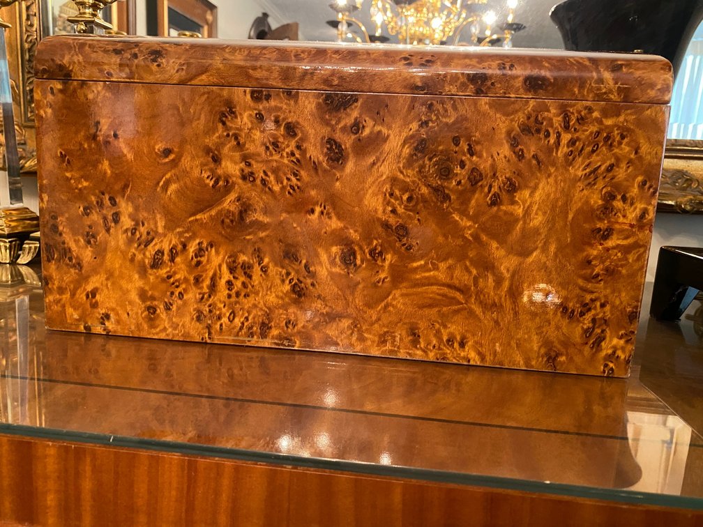 Lift top burl wood veneer box 