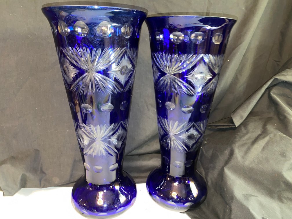 Bohemian Czech cobalt blue cut-to-clear pair of vases