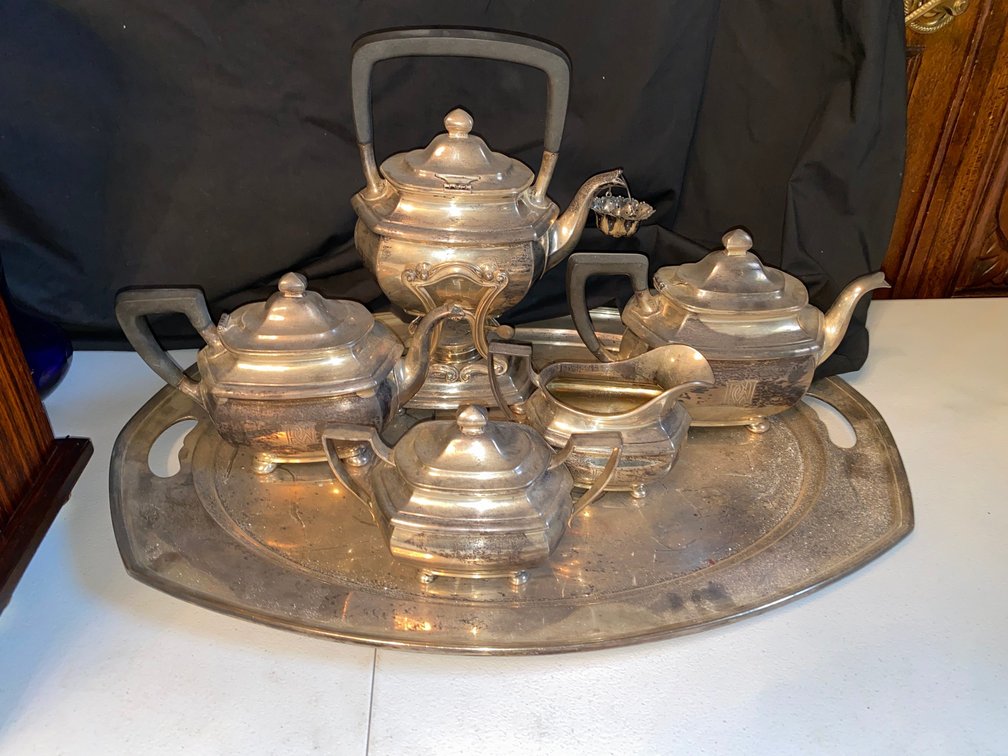 Gorham sterling silver tea and coffee service:  Hot water kettle on stand, teapot, coffee pot, sugar, creamer, tray