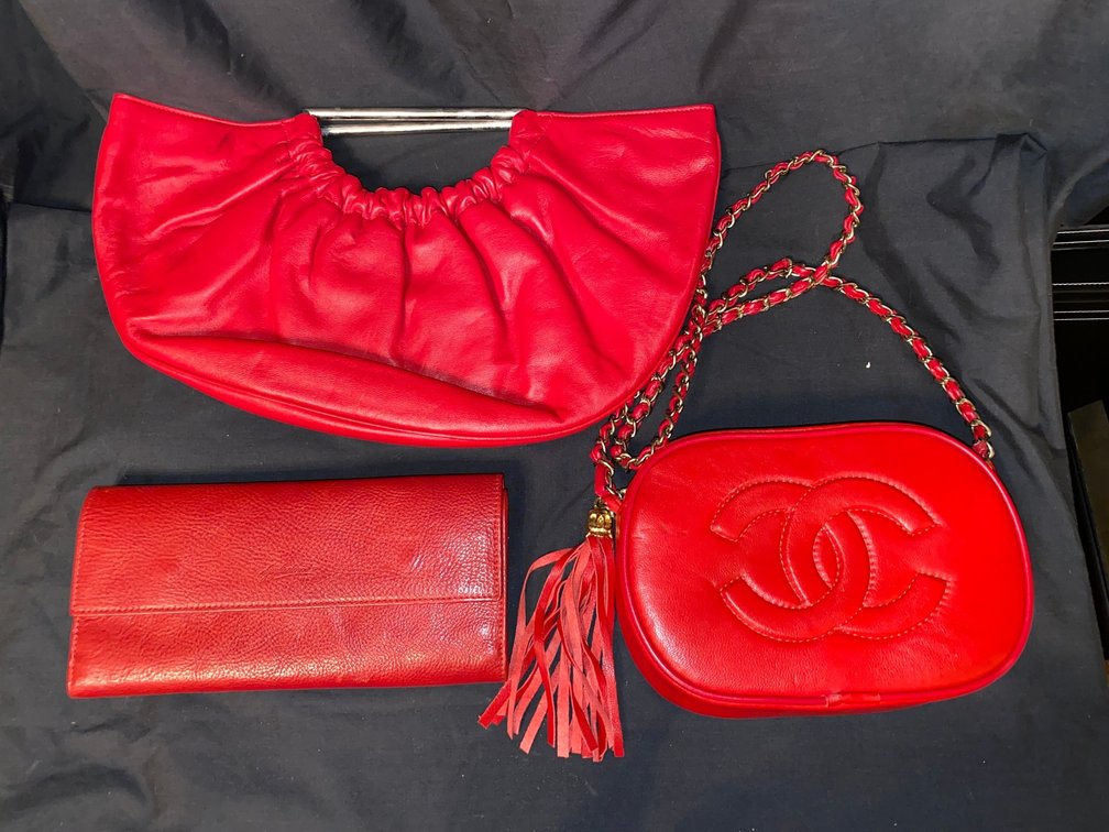 1 Small Chenille bag and a collection of other red leather handbags