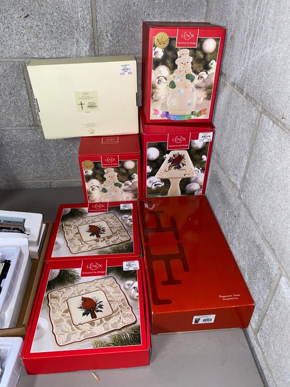 Christmas themed Lenox serving trays and lit figurines
