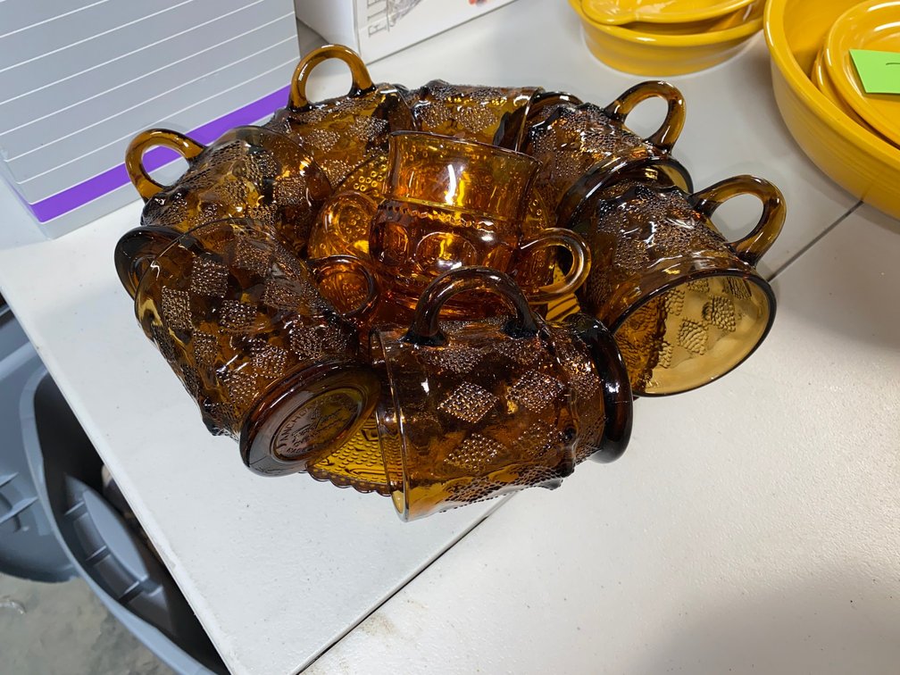 Amber punch bowl and cups
