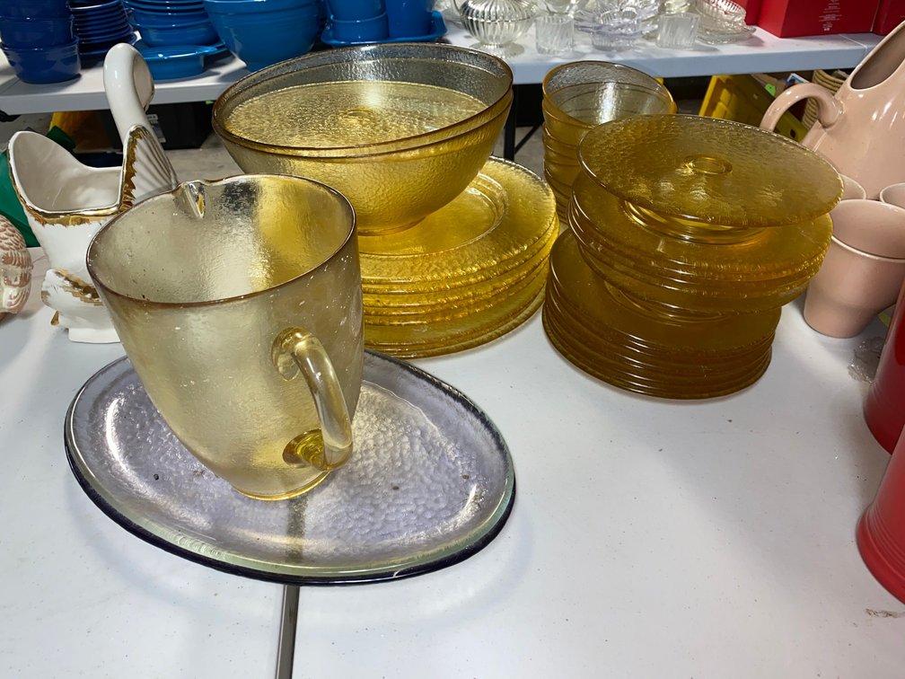Amber plate, saucers, serving bowl