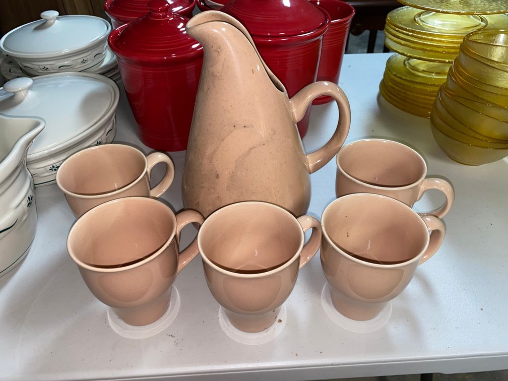 Oneida stoneware pitcher and cups