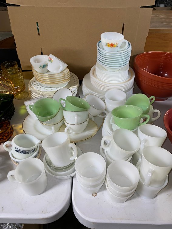 Fire King, Anchor Hocking, Pyrex teacups, saucers, plates