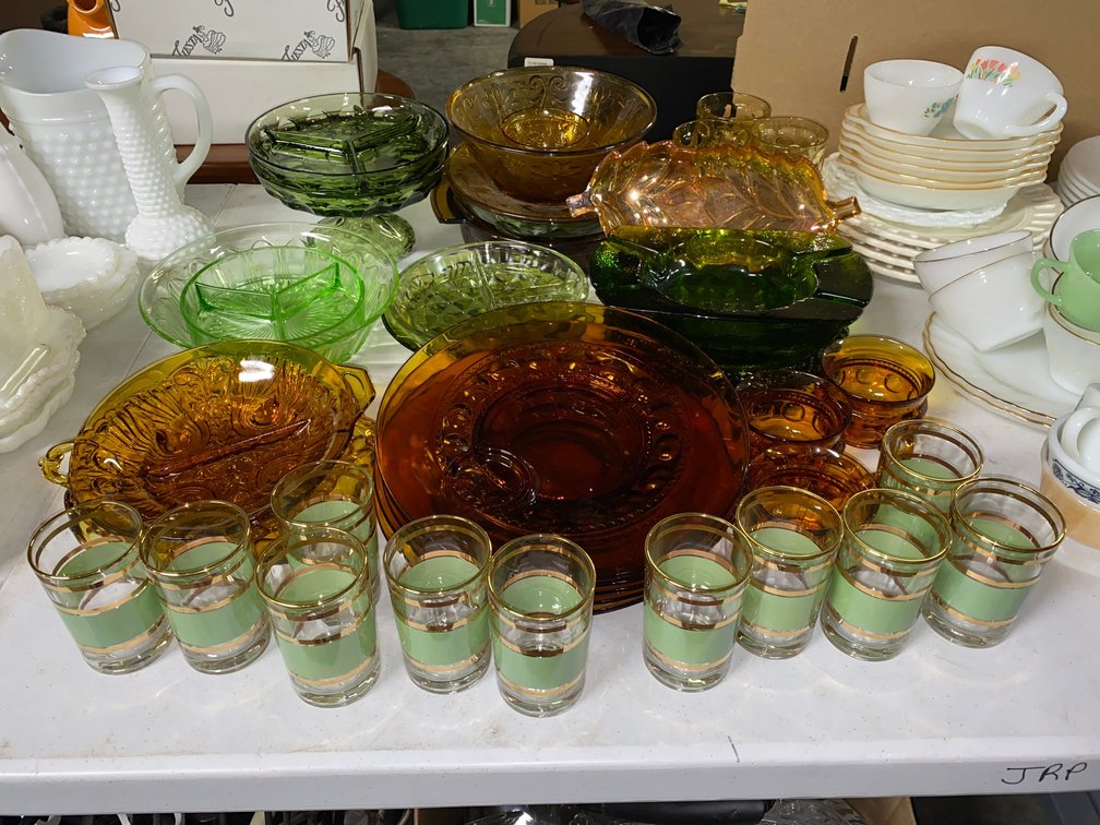 Colored glass serving dishes and glasses