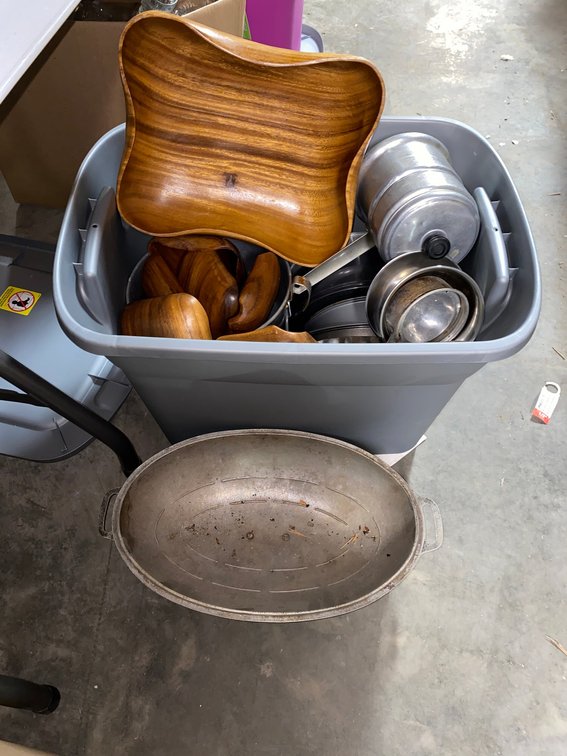 Wood serving bowls and aluminum cookware