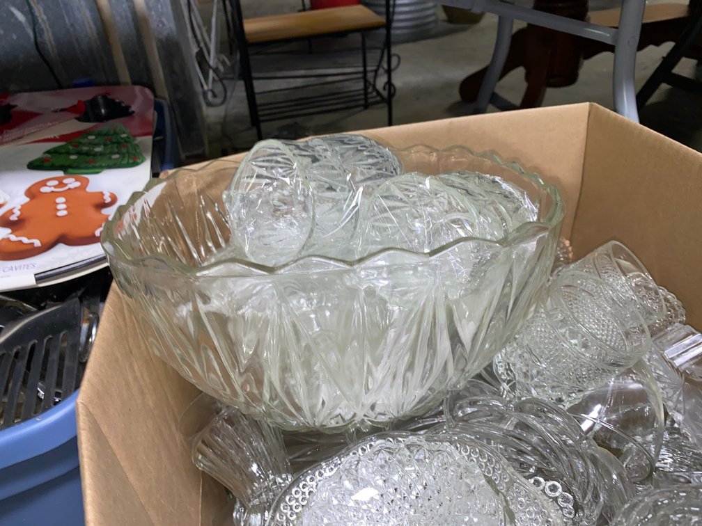 Clear glass punch bowls, drink glasses