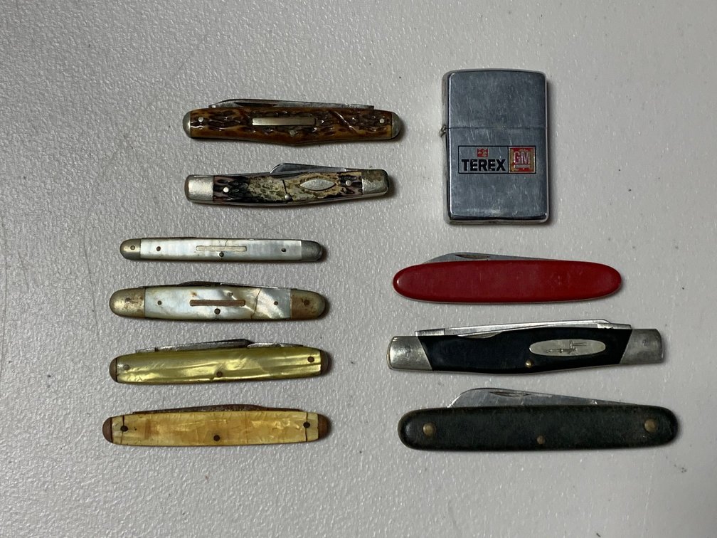 [79] Nine Assorted Vintage Pocket Knives, 1 Zippo Lighter