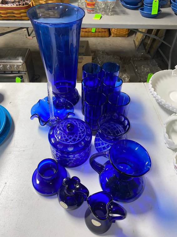 Colbalt blue drinking glasses, pitchers, flower vase and Fenton basket