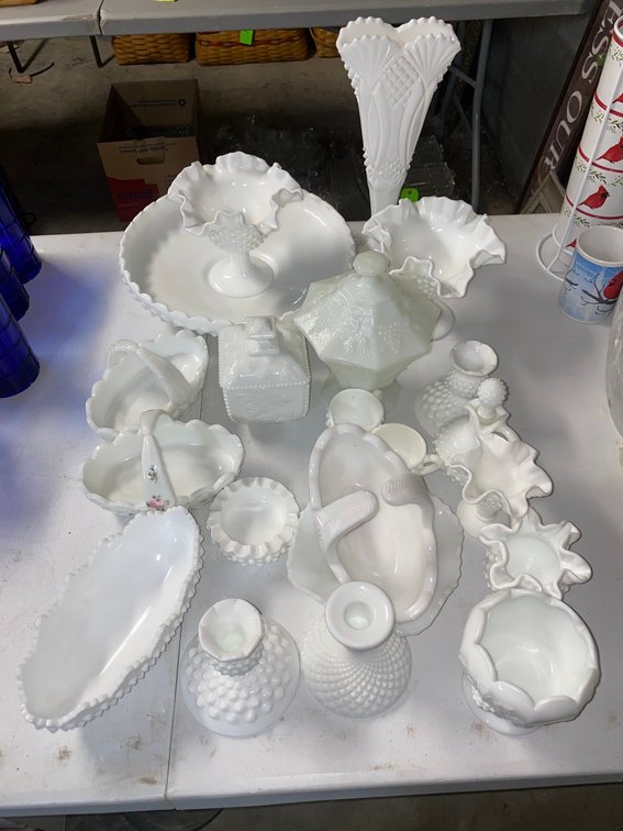 Milk glass baskets and candle sticks