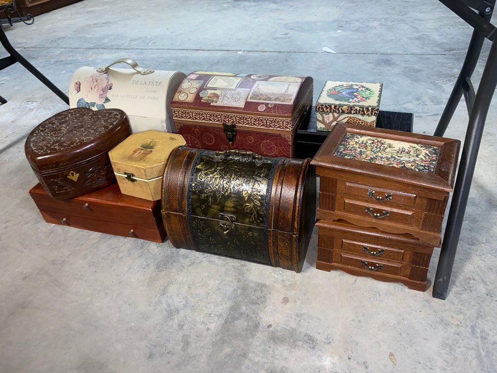 Collection of jewelry boxes and other decorative boxes