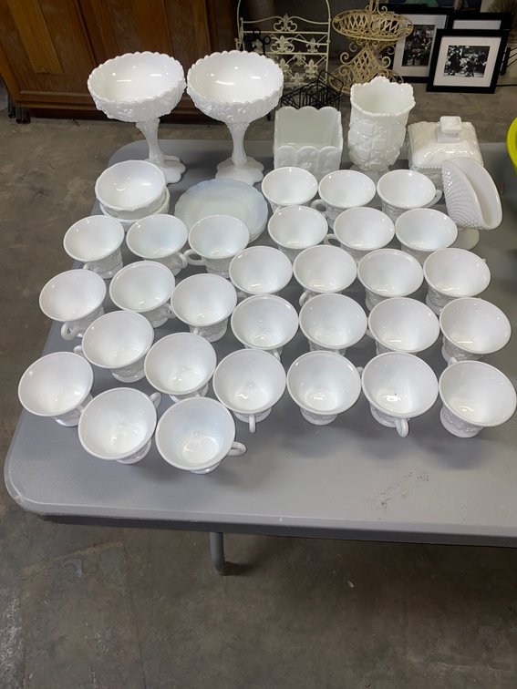 Milk glass tea cups and candy dishes
