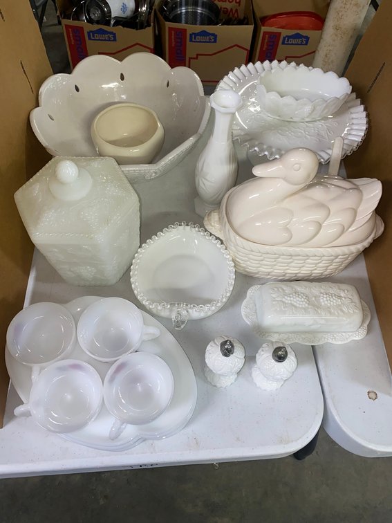 Various milkglass pieces, tea cups, serving plates, punchbowl and soup tureen