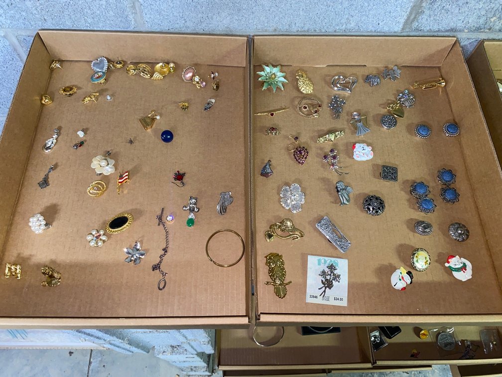 Costume jewelry-broaches, button covers and misc. earrings