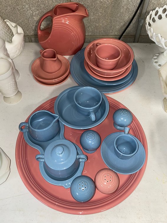 Various pieces of Fiestaware-Periwinkle and Rose in color