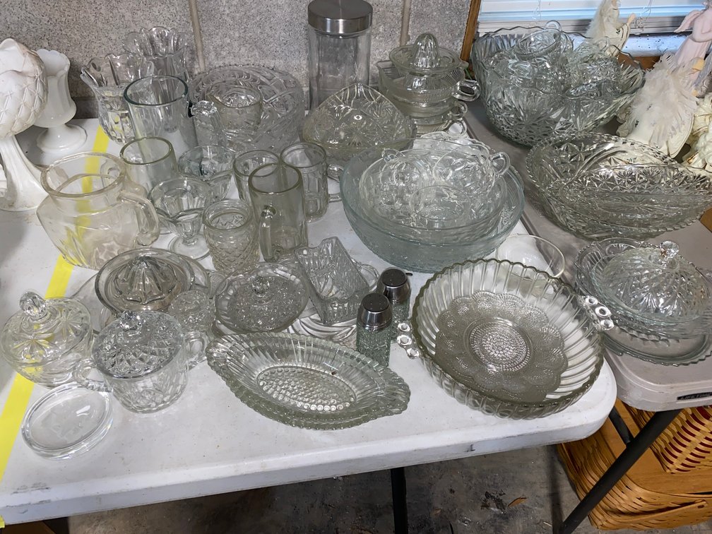 Clear glass punchbowls, mugs and serving dishes