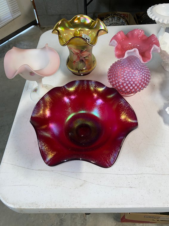 Fenton vases and a candy dish