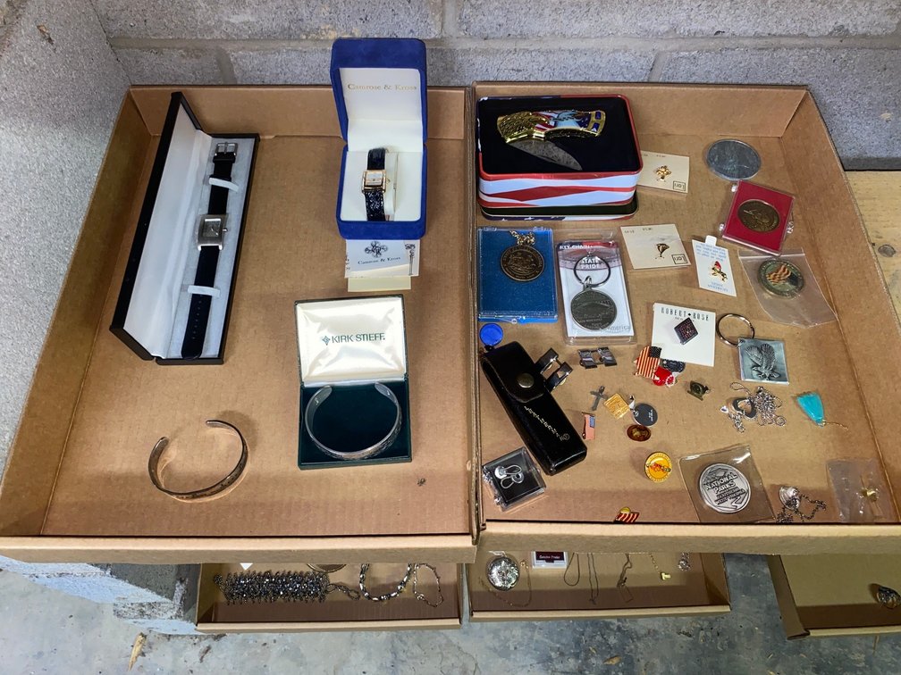 Misc pens, key chains, collectible knife, bracelet and wrist watches