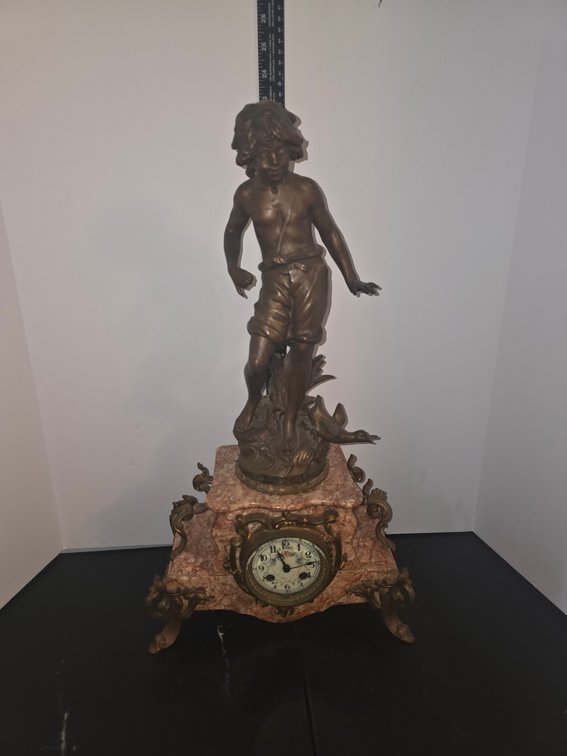 Cherub Brass Mantal Clock With Pink Marble Base