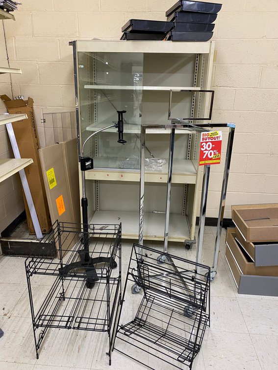Assortment of Display Racks, Cabinet with Glass Doors