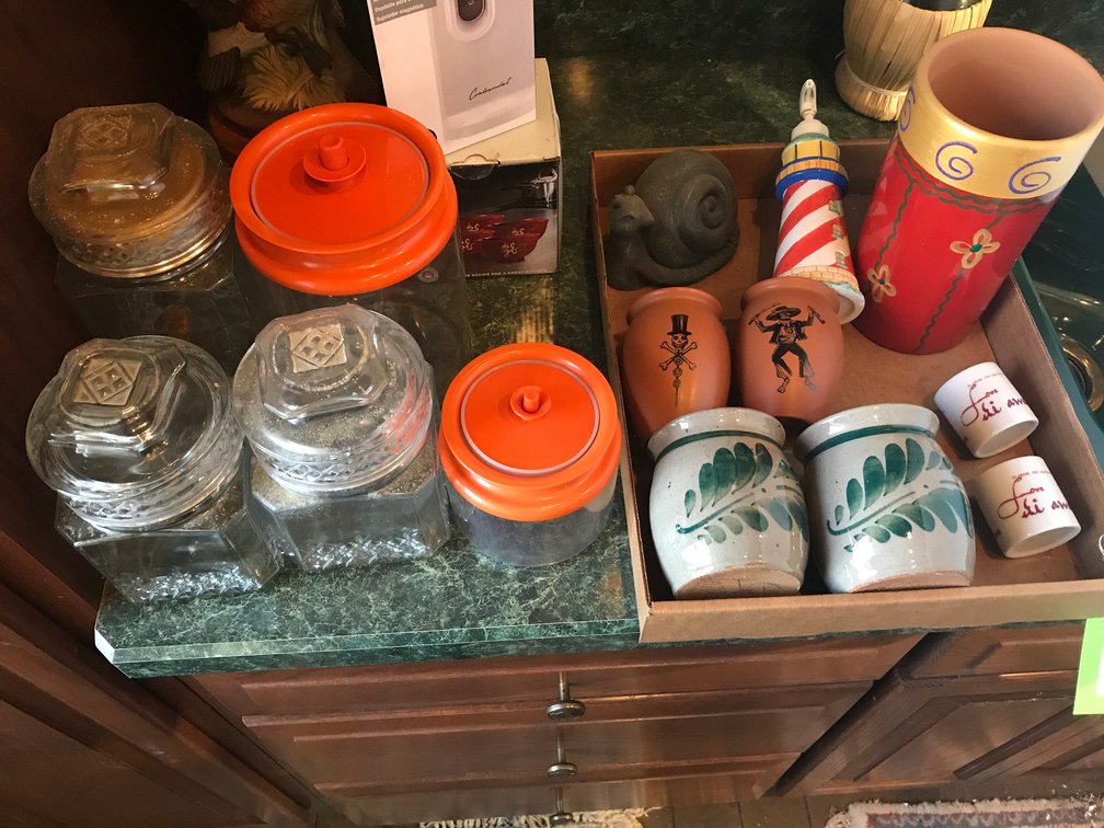 Assortment of Westerwald Pottery, canisters, can opener and more