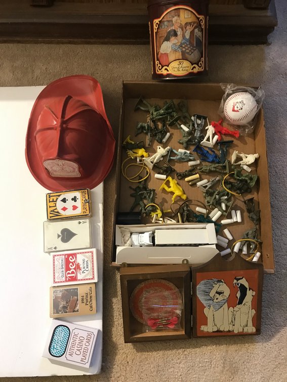 Playing cards, plastic soldiers, misc.
