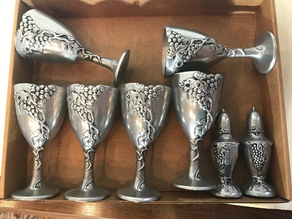 Pewter style goblets, salt and pepper