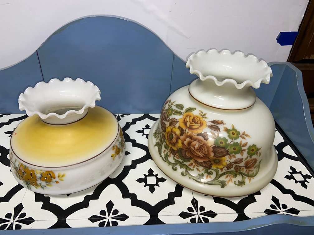 Two Milk Glass Lamp Shades - Floral Motif