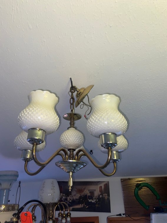 Hobnail Milk Glass Chandelier - Brass Tone