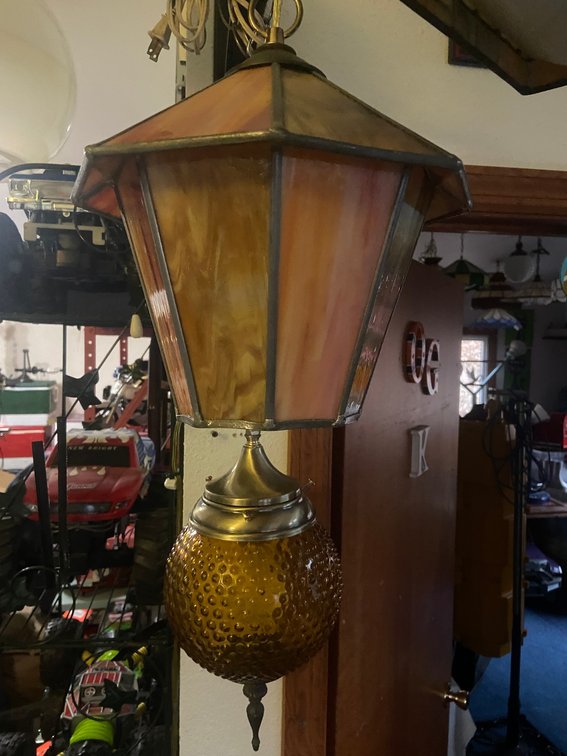 Pendant Lamp - Amber Slag & Hobnail Glass