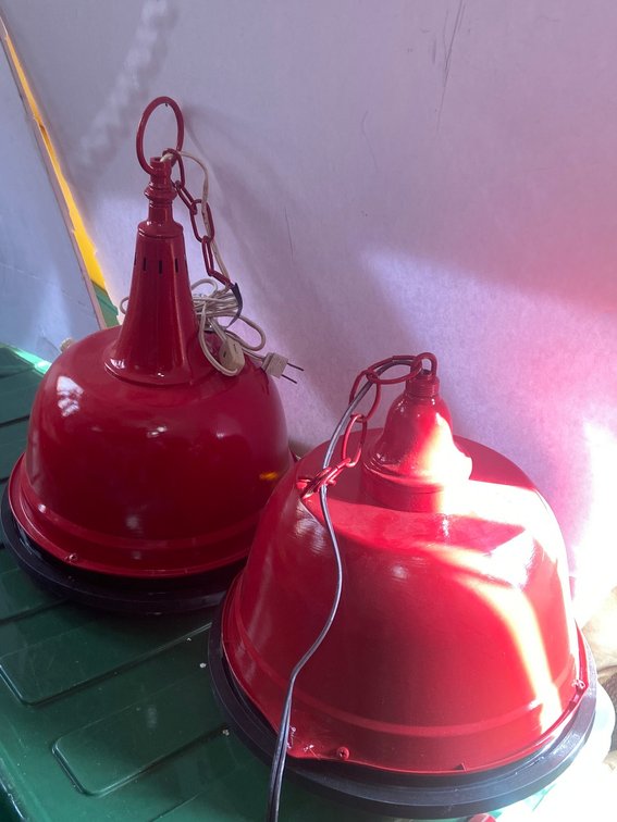 1 Pair Industrial Pendant Lights - Red Enamel Dome