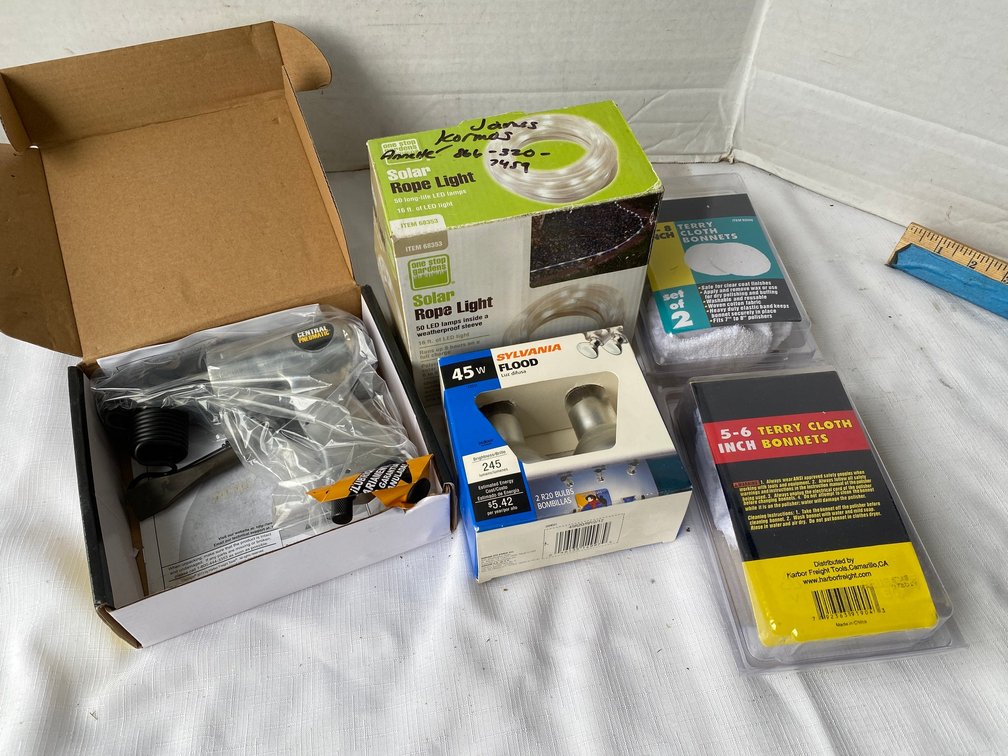 Central pneumatic air chisel, solar rope light, light bulbs, terry cloth  bonnets