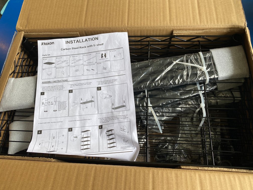 Ktaxon carbon steel rack with 5 shelves, 2 racks-new in box, 1 assembled