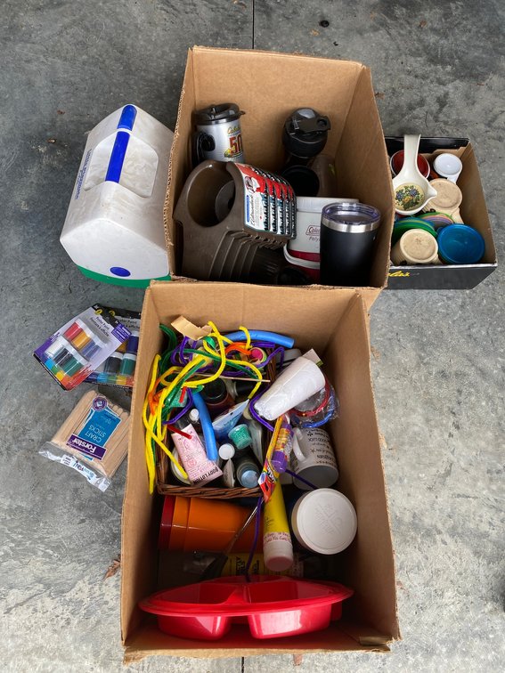 Travel mugs, cooler, cup holders, arts and craft supplies, coffee mugs, Maglite flashlight
