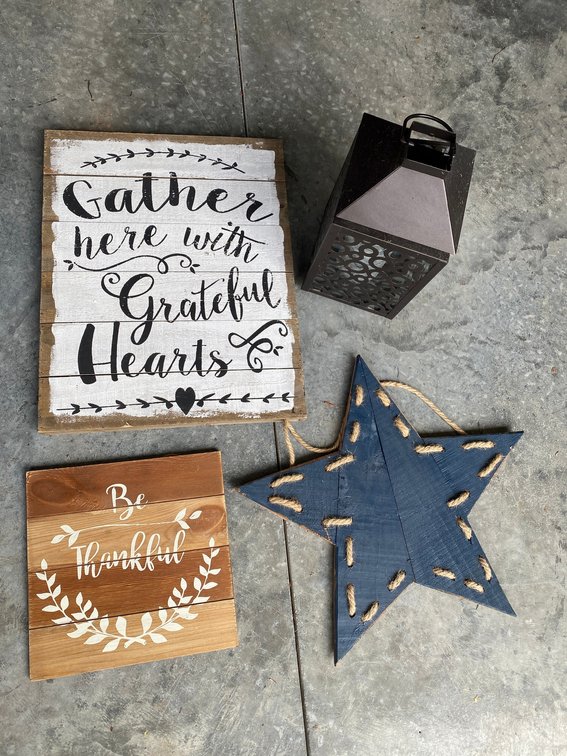 Decorator items, wooden sign-Gather Here With Grateful Hearts, wooden star, metal candle holder, Be Thankful sign