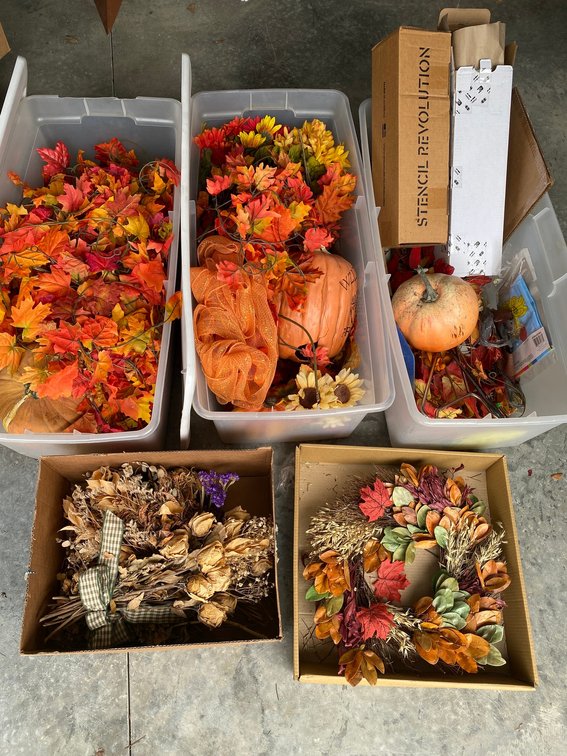 Fall decorations, artificial pumpkins, wreaths, stencils