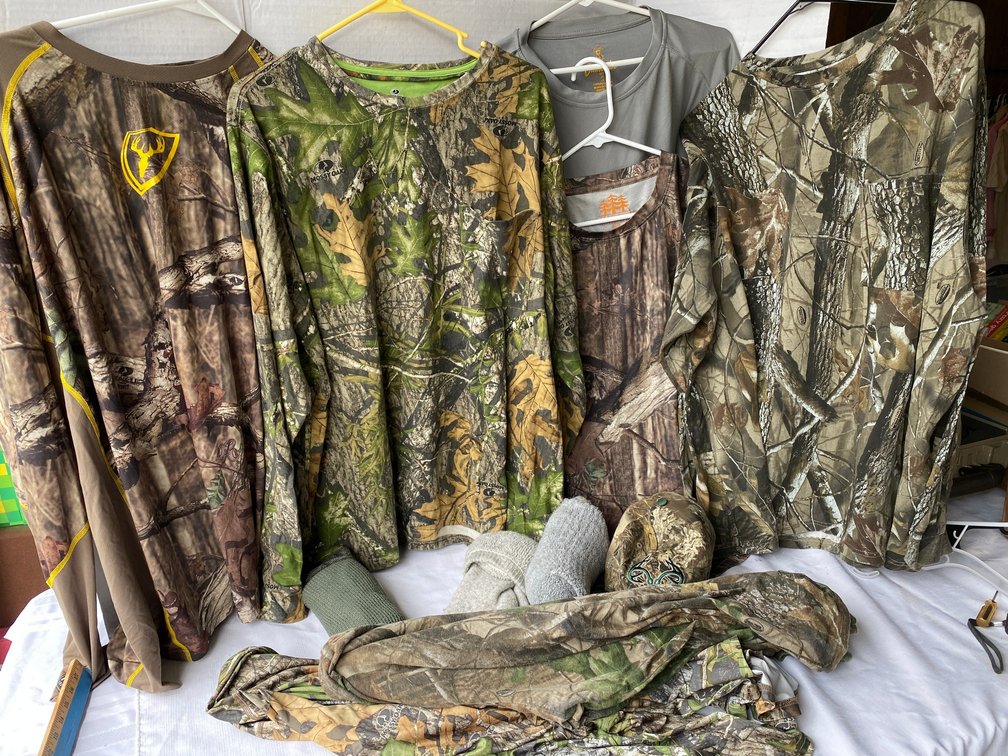 7 Camo shirts-some Mossy Oak scent blocker, Game Hide, Outfitters Ridge, hat, winter socks