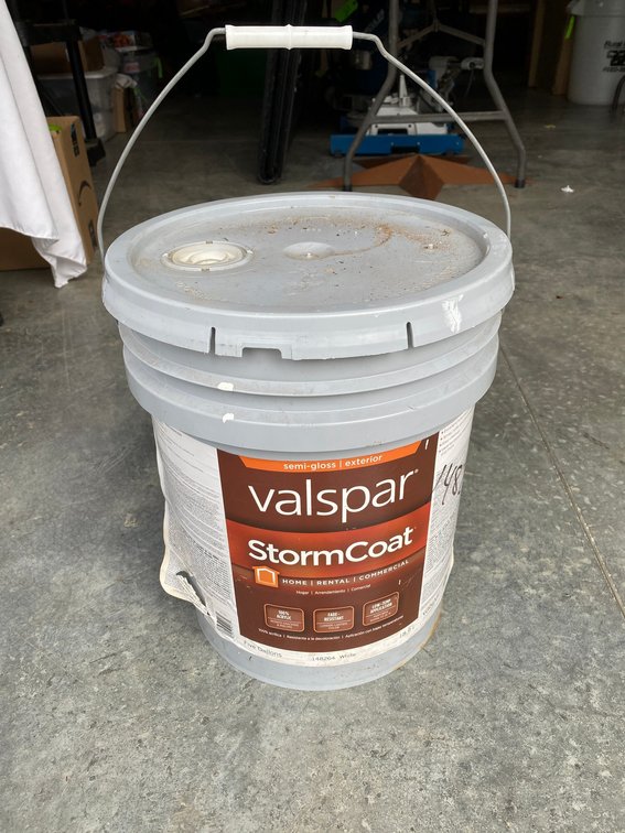 5 Gallon bucket mostly full of Valspar semi-gloss exterior white paint