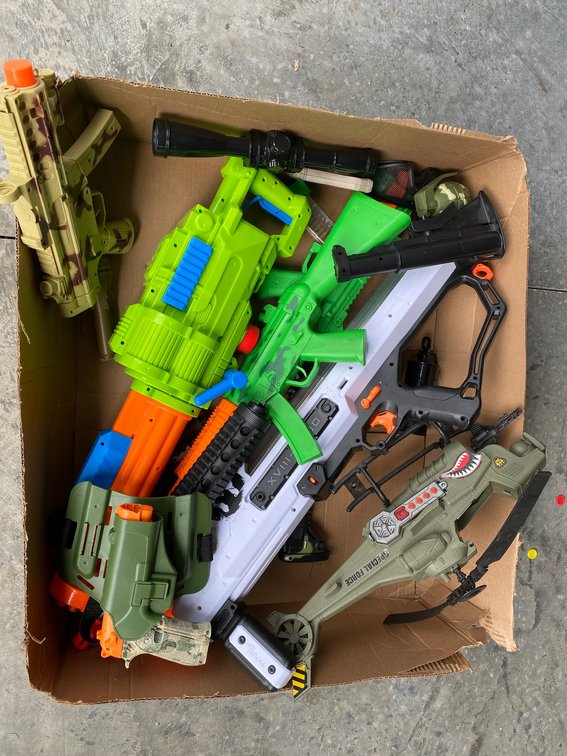 Toy guns, special forces helicopter, toy grenade, scope for gun