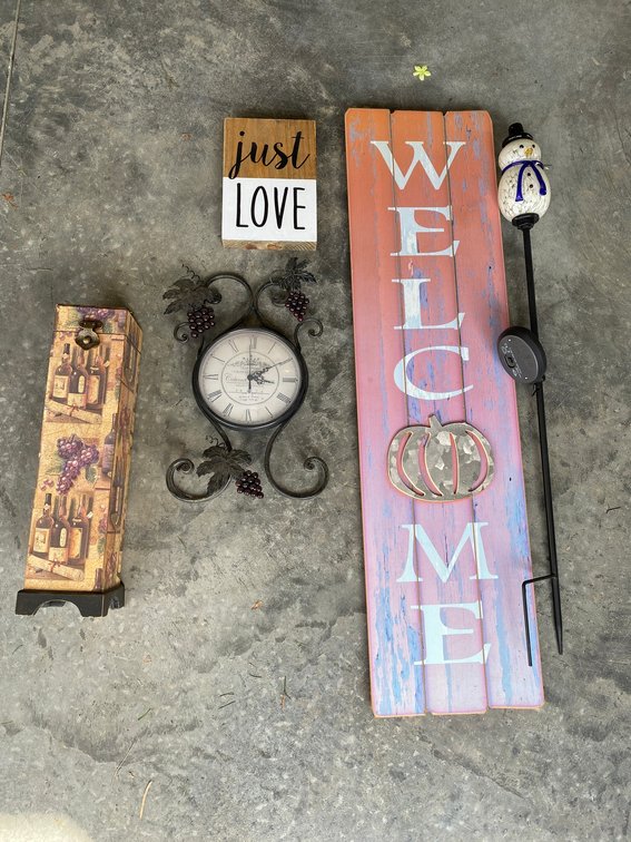 Decorator signs, battery operated clock, solar snowman yard light, wine bottle holder